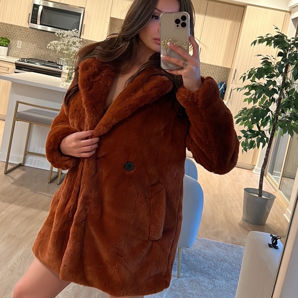Brown orange faux fur coat